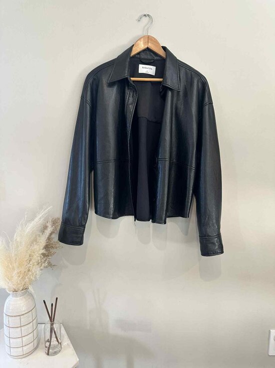 Babaton Black Faux Leather Button-Up Shirt Jacket, Size Medium - Picture 1 of 4